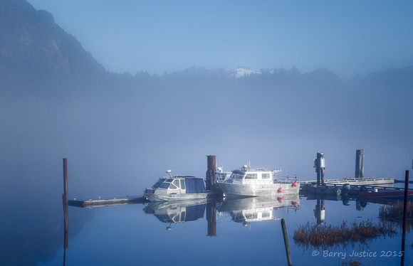 Boats in fog,  Grant Narrows,  Pitt Polder
