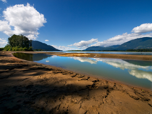 Clouds reflecting in a pool on the Fraser River in Chilliwack