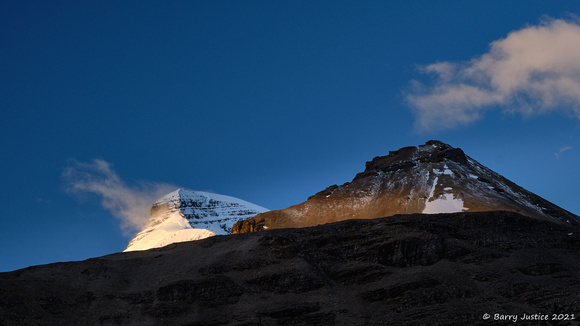 Morning light hits the peaks above our campsite in the Columbia Icefields area of Jasper National Park