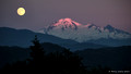 Moon over Mt Baker as light from the setting sun just brushes the top of the mountain.  Taken from my back garden gazebo.  Single shot processed once in Capture One
