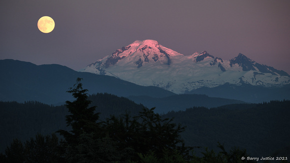 Moon over Mt Baker as light from the setting sun just brushes the top of the mountain.  Taken from my back garden gazebo.  Single shot processed once in Capture One